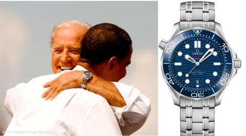 Hodinky Omega Seamaster na zápěstí viceprezidenta Joea Bidena v objetí s americkým prezidentem Barackem Obamou