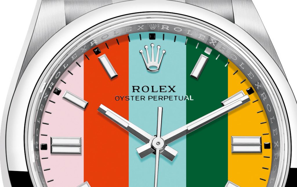Rolex Oyster Perpetual 36 barvy číselníku: bonbónová růžová, korálová červená, tyrkysově modrá, zelená a žlutá