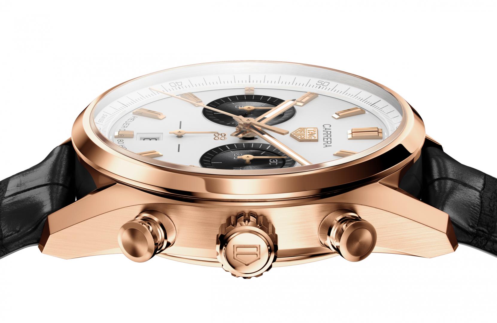 Jack Heuer s hodinkami TAG Heuer Carrera Chronograph Jack Heuer Birthday Gold Limited Edition na zápěstí
