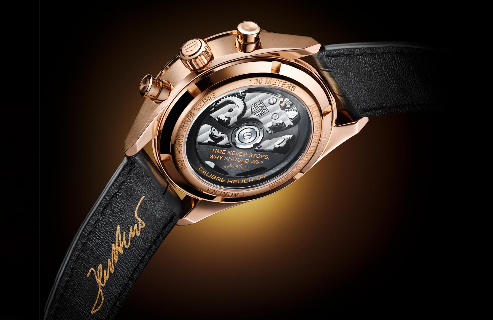 Jack Heuer s hodinkami TAG Heuer Carrera Chronograph Jack Heuer Birthday Gold Limited Edition na zápěstí